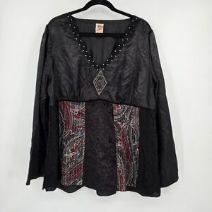 Faded Glory Womens Plus 18W 20W Tunic Top Black Paisley Burnout Velvet Studded